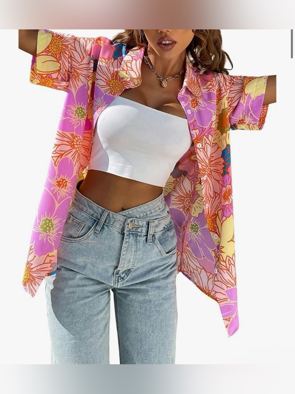 Women’s Short Sleeve Floral Button-Up Shirt - Pink Multi